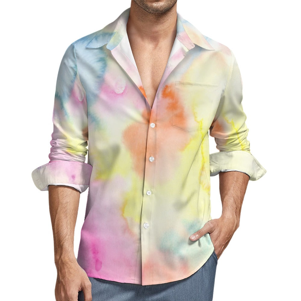 Spring Watercolors One Pocket Long Sleeve Button Up