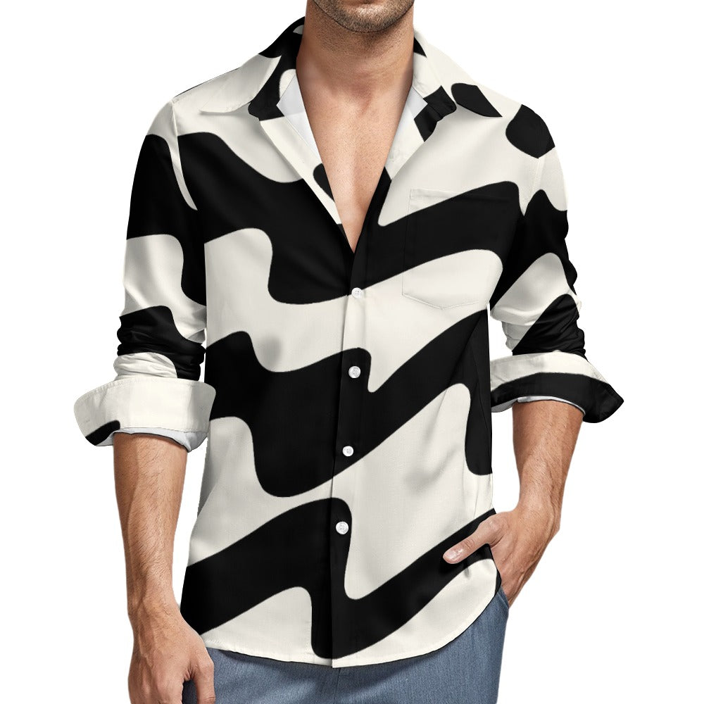 Black Wave One Pocket Long Sleeve Button Up