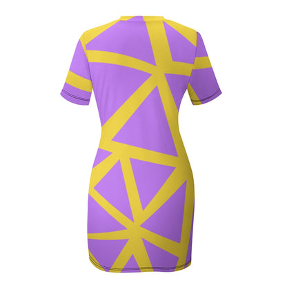 Purple Yellow Geometric Patterned Short Sleeve Dress