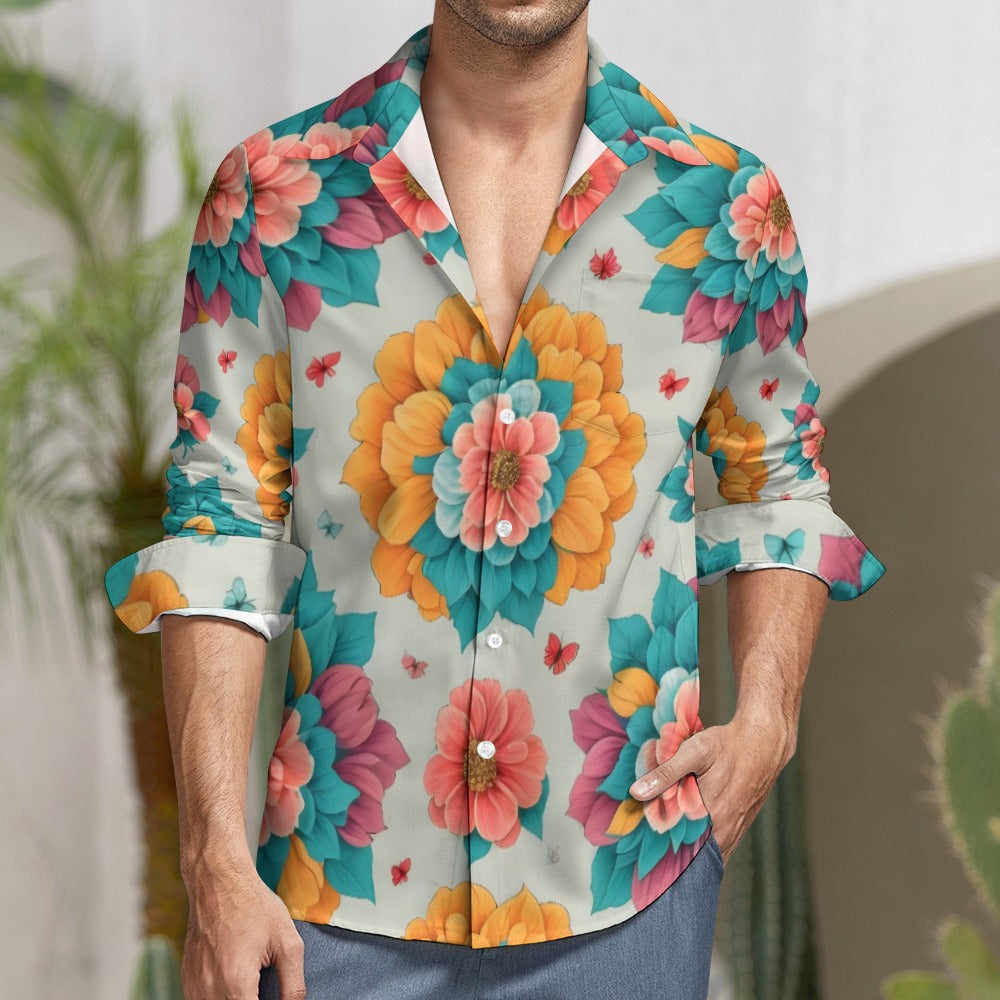 Spring Flowers One Pocket Long Sleeve Button Up
