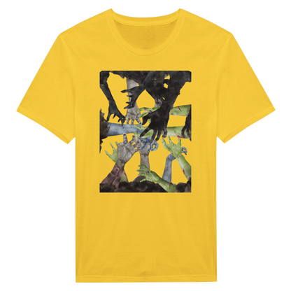 Yellow Tee Shirt with zombie hands reaching in the center.