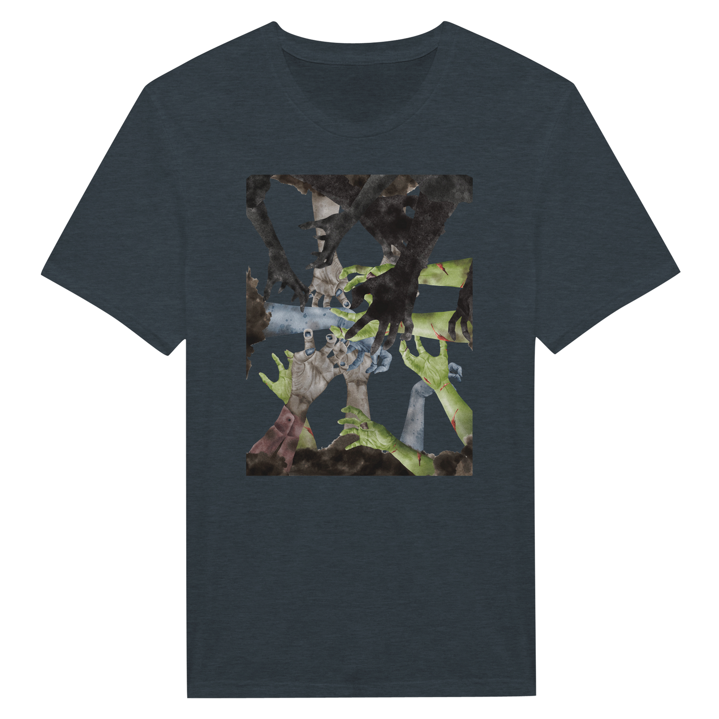 Black Tee Shirt with zombie hands reaching in the center.