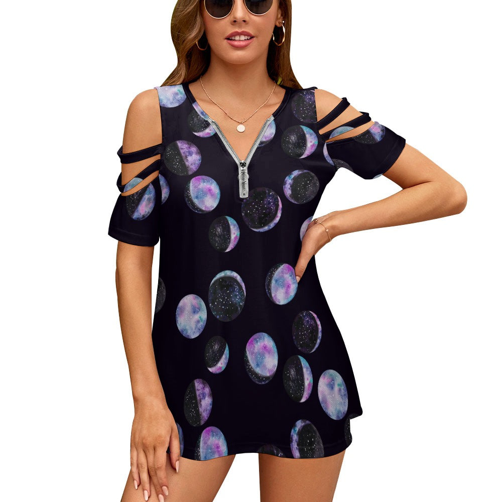 Moon Phases Zip Off Shoulder Top