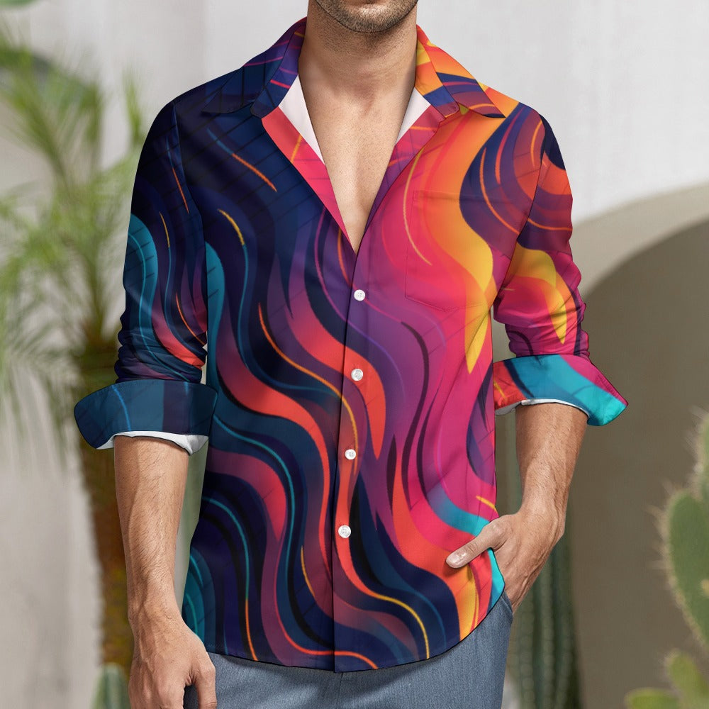 Sunset Wavy One Pocket Long Sleeve Button Up