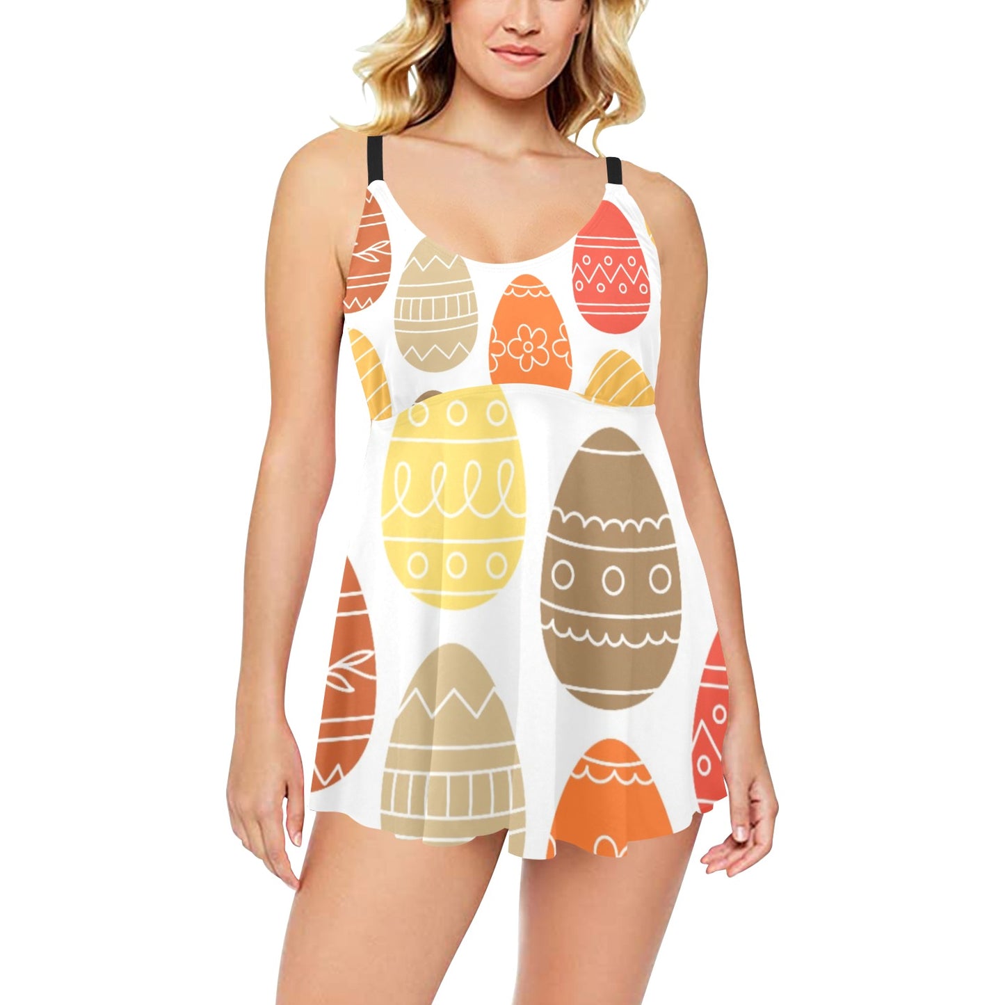 Chest Pleat Swim Dress With Egg Pattern