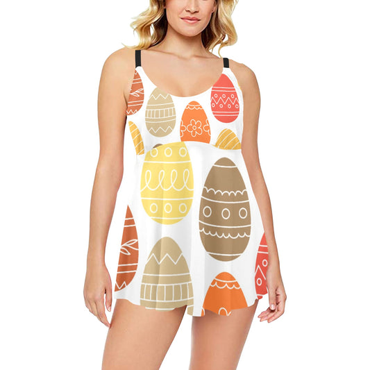 Chest Pleat Swim Dress With Egg Pattern