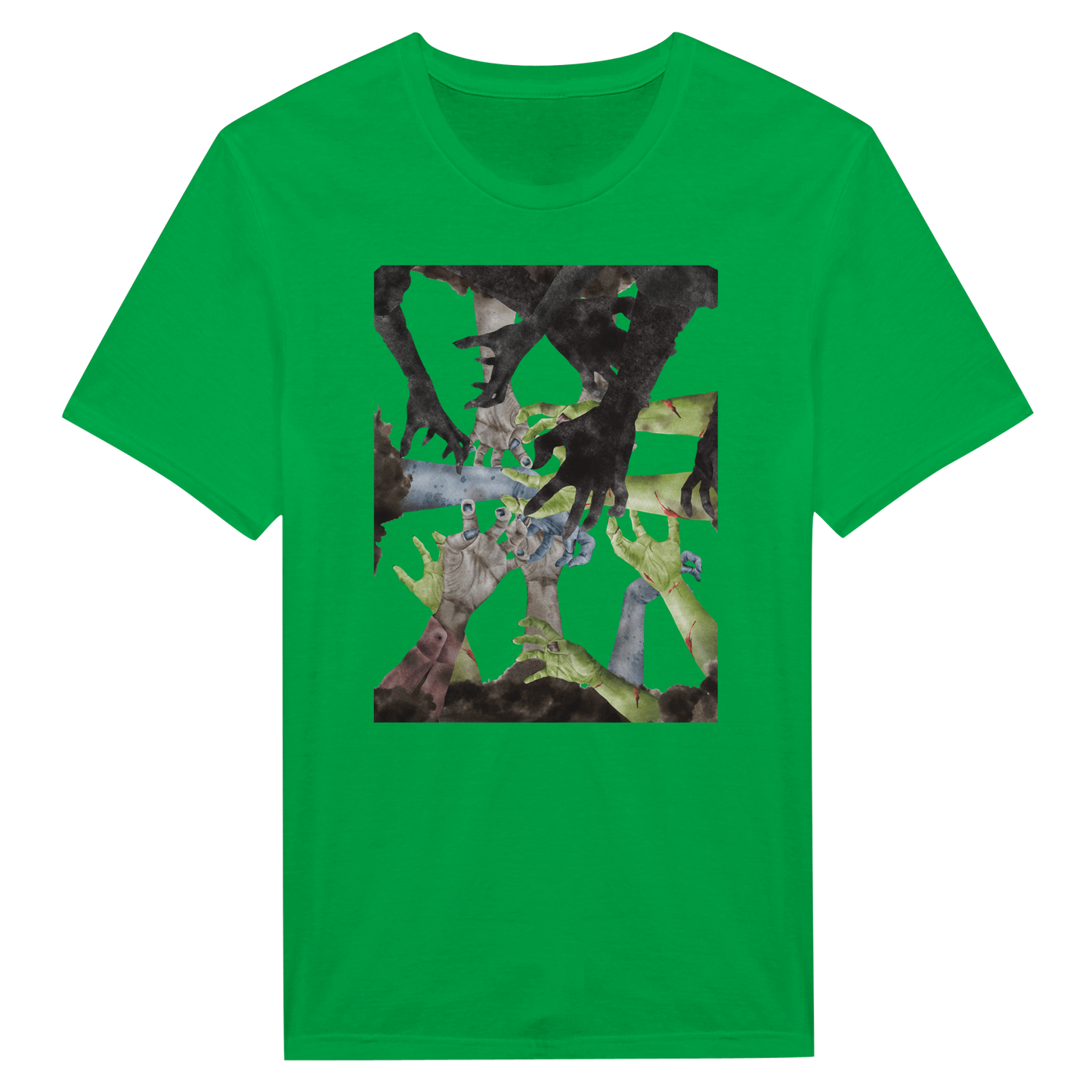 Green Tee Shirt with zombie hands reaching in the center.