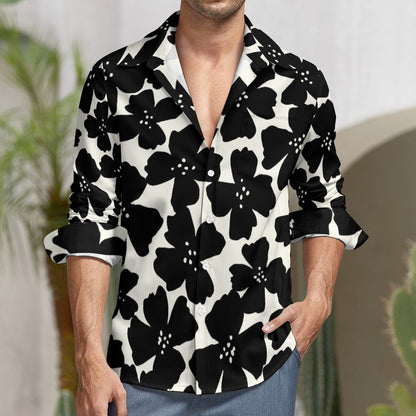 Black Flowers One Pocket Long Sleeve Button Up