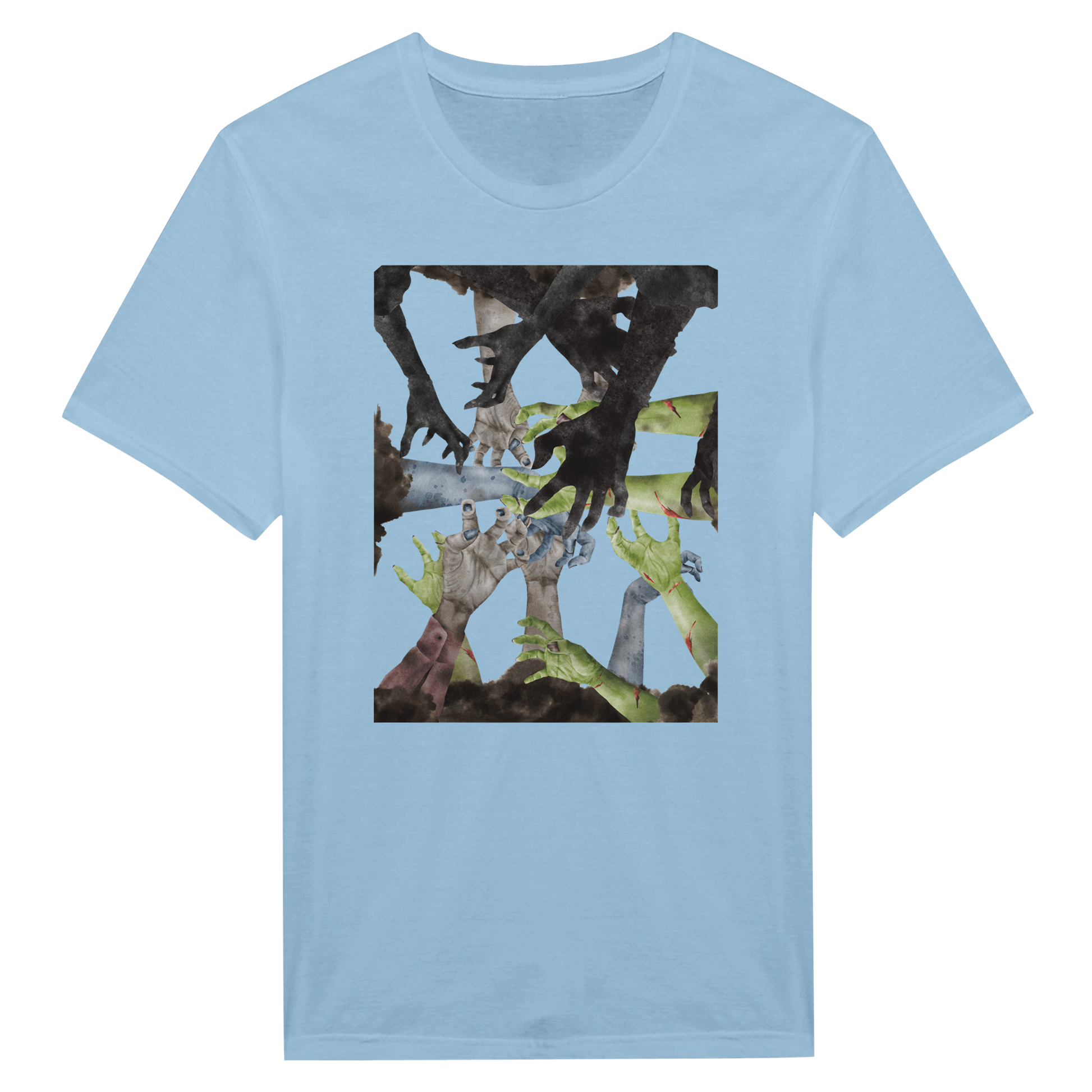 Light Blue Tee Shirt with zombie hands reaching in the center.