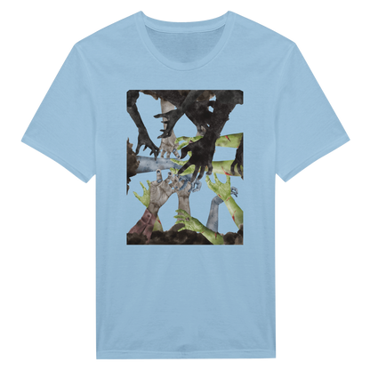 Light Blue Tee Shirt with zombie hands reaching in the center.