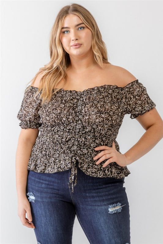 Bleue Collection, Frill Ruched Off-Shoulder Short Sleeve Blouse