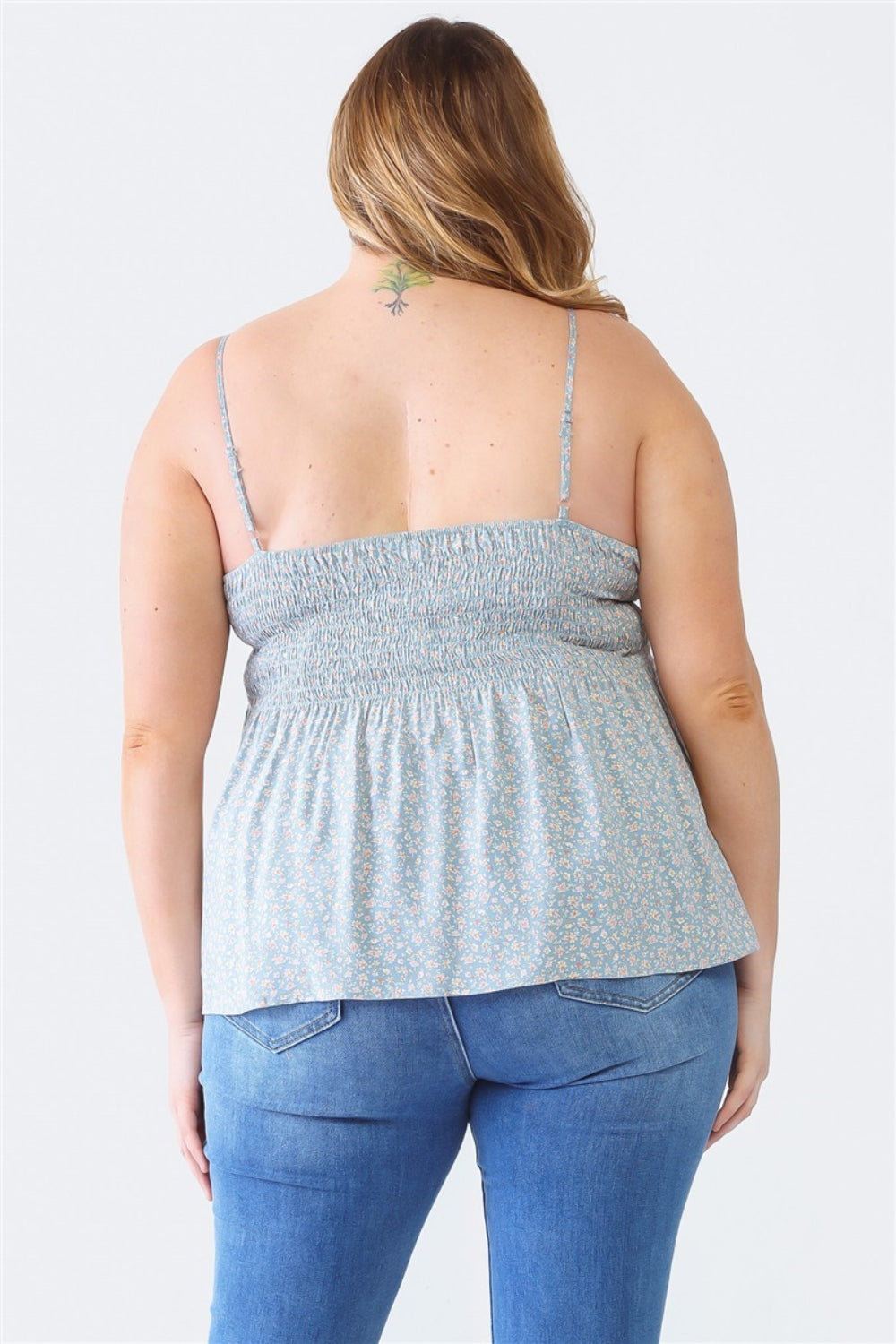 Bleue Collection, Frill Smocked Floral Sweetheart Neck Cami