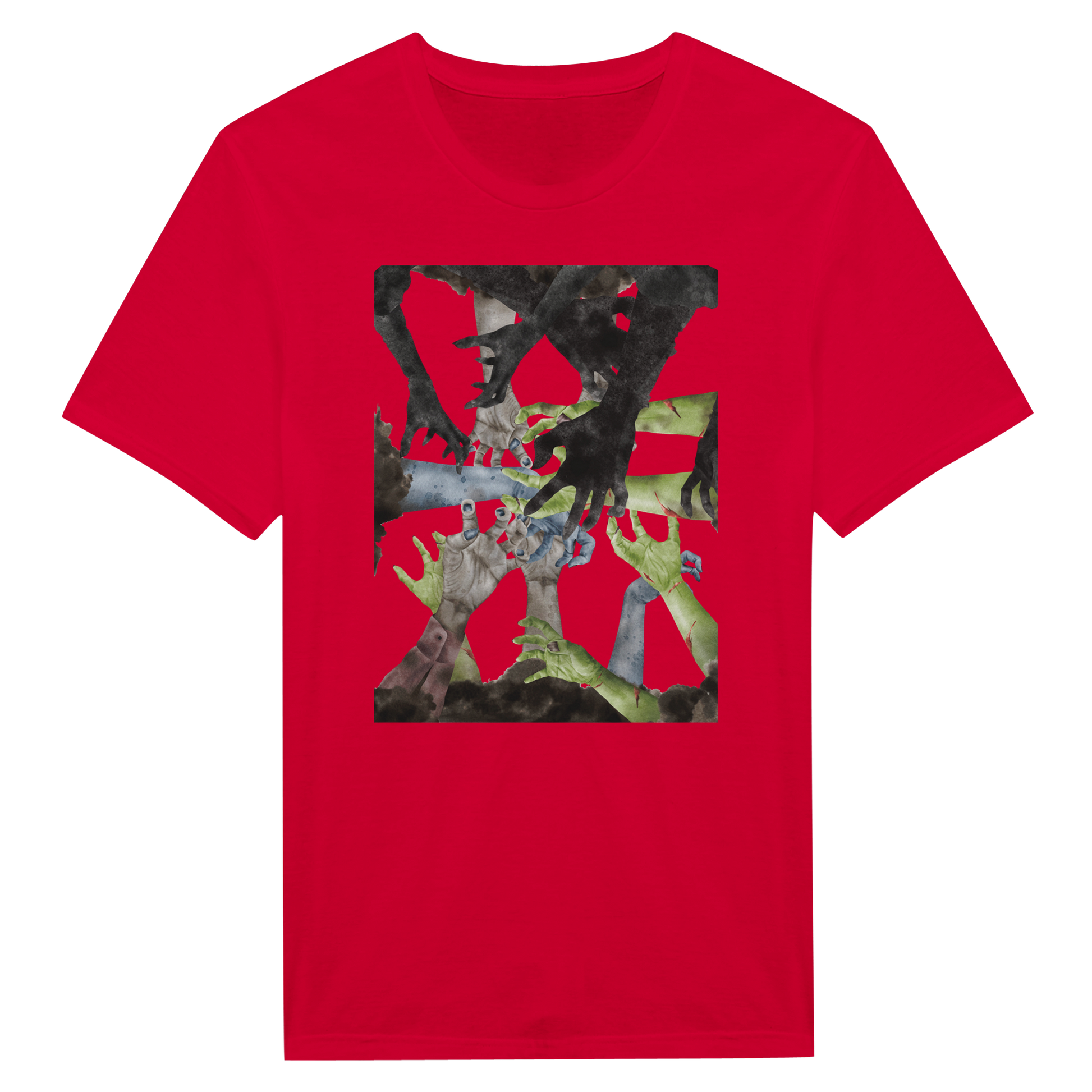 Red Tee Shirt with zombie hands reaching in the center.