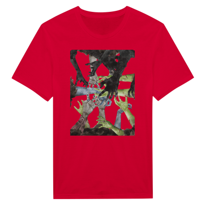 Red Tee Shirt with zombie hands reaching in the center.