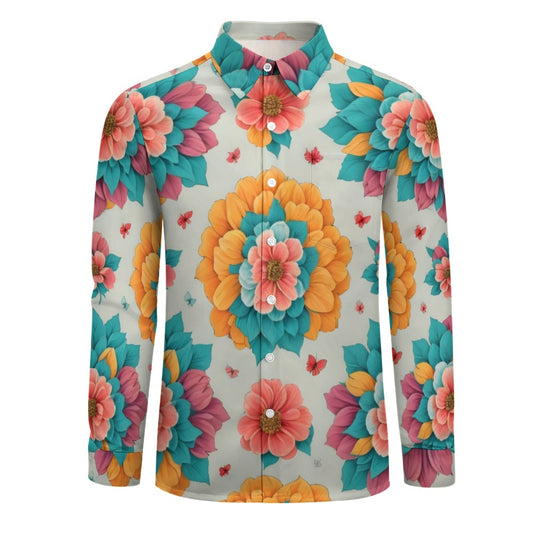 Spring Flowers One Pocket Long Sleeve Button Up