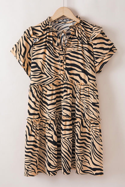 Koltina Collection, Ruffled Animal Print Tie Neck Mini Dress