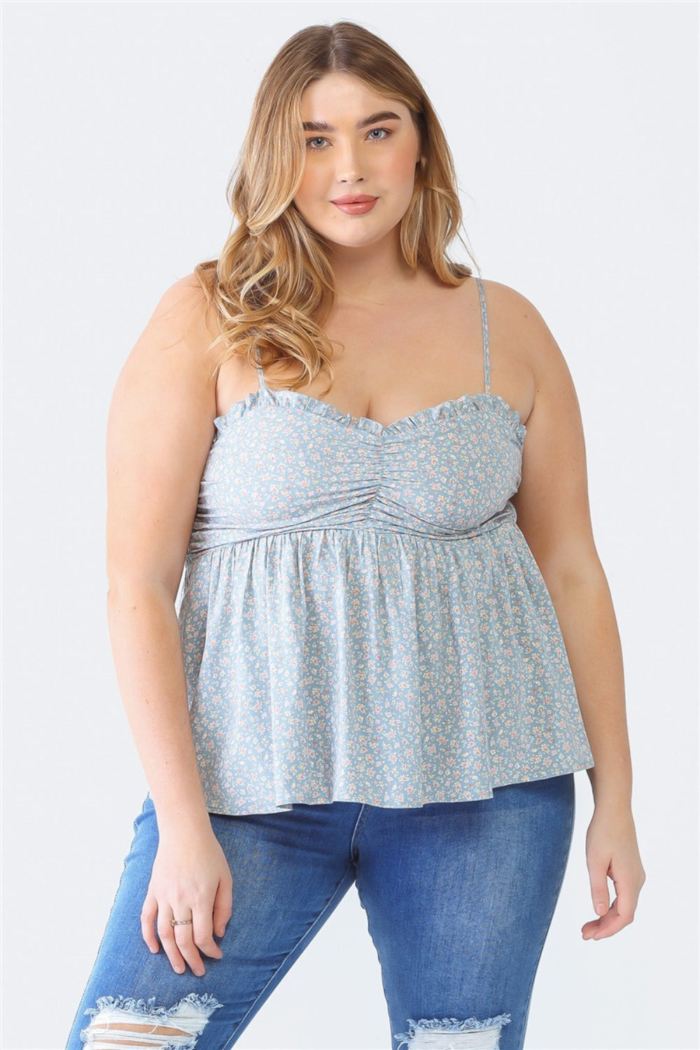 Bleue Collection, Frill Smocked Floral Sweetheart Neck Cami