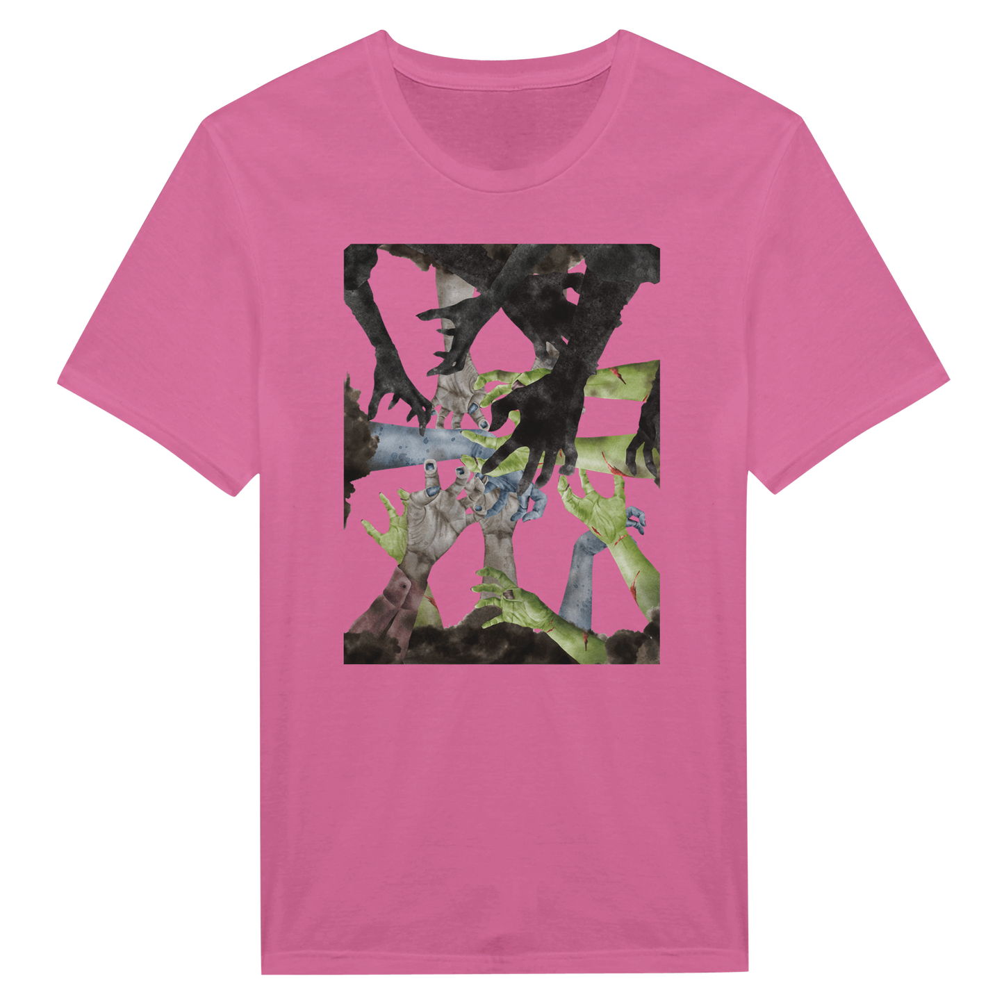 Pink Tee Shirt with zombie hands reaching in the center.