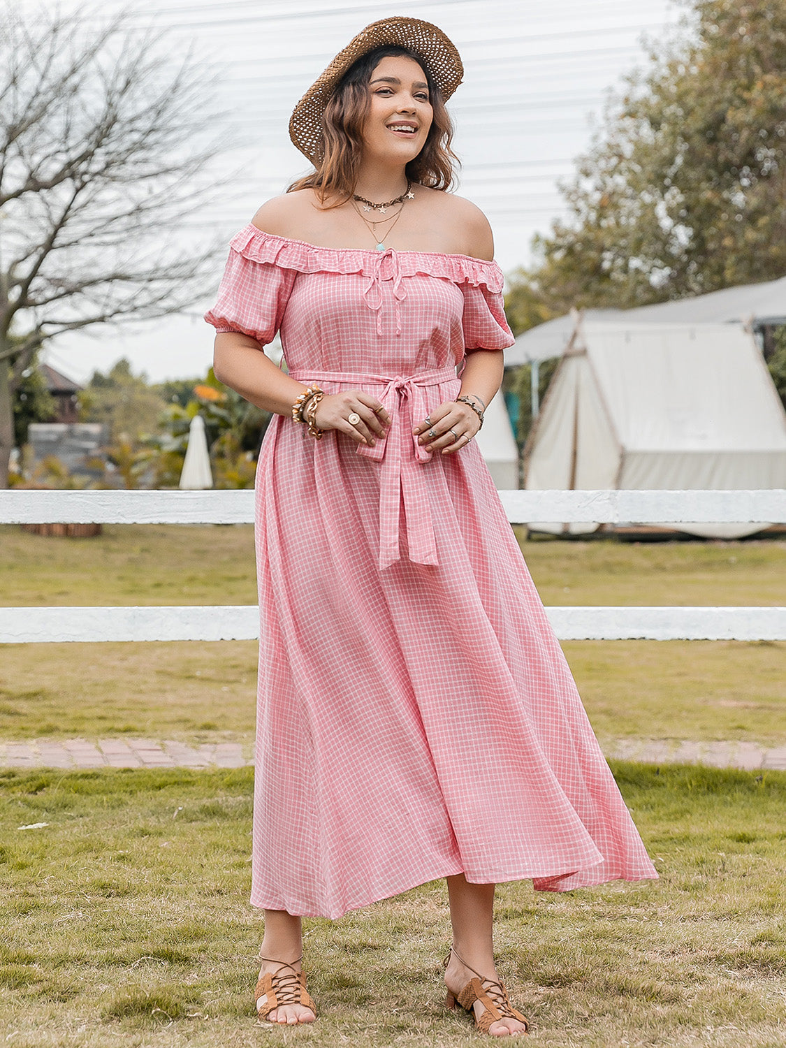 Bleue Collection, Plaid Off-Shoulder Short Sleeve Midi Dress