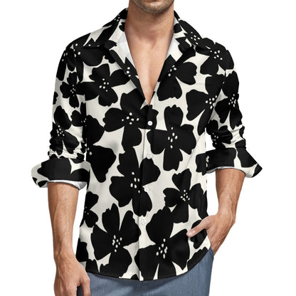 Black Flowers One Pocket Long Sleeve Button Up